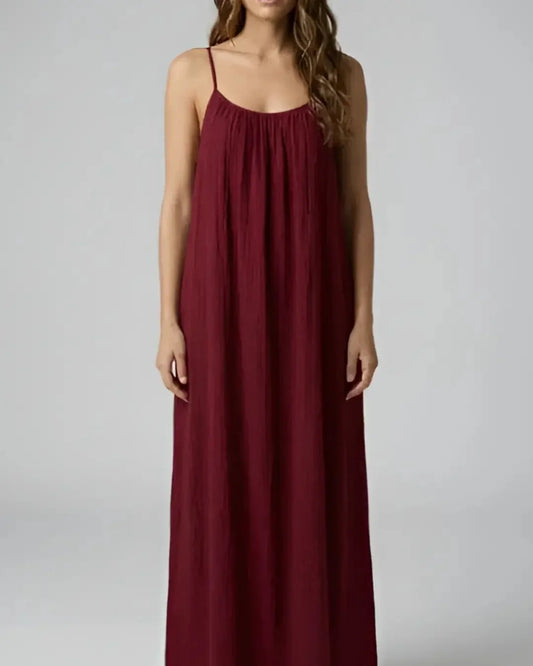 Gathered Linen Maxi Dress with Spaghetti Straps