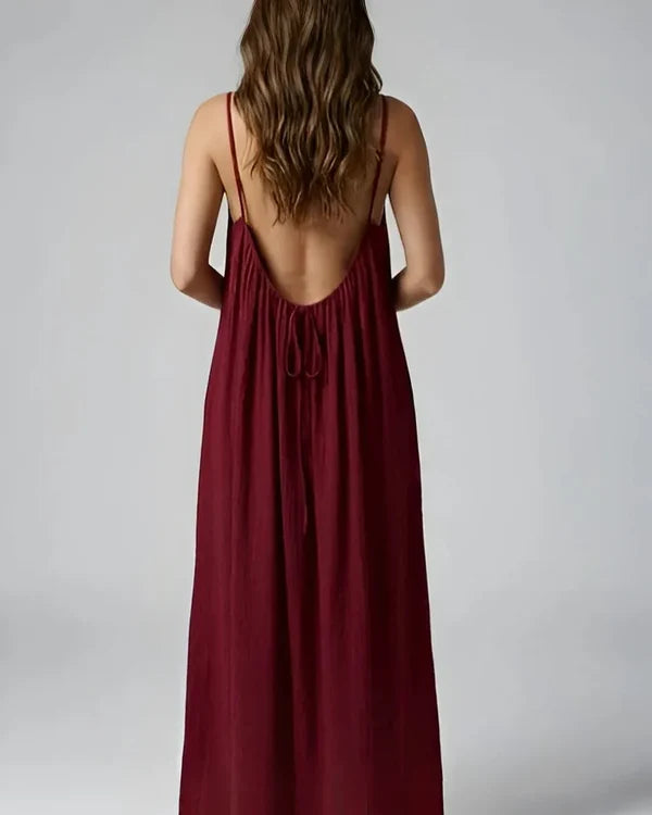 Gathered Linen Maxi Dress with Spaghetti Straps