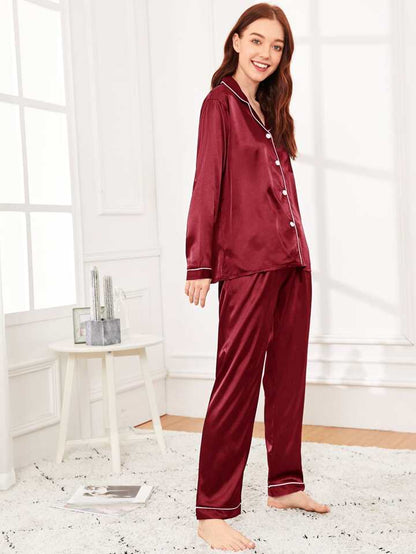Mahroon 100% Pure Silk Pajama Set | Contrast Piping