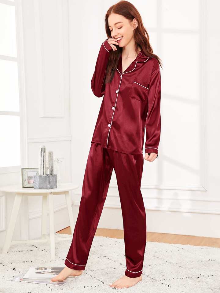 Midnight Blue 100% Pure Silk Pajama Set | Contrast Piping