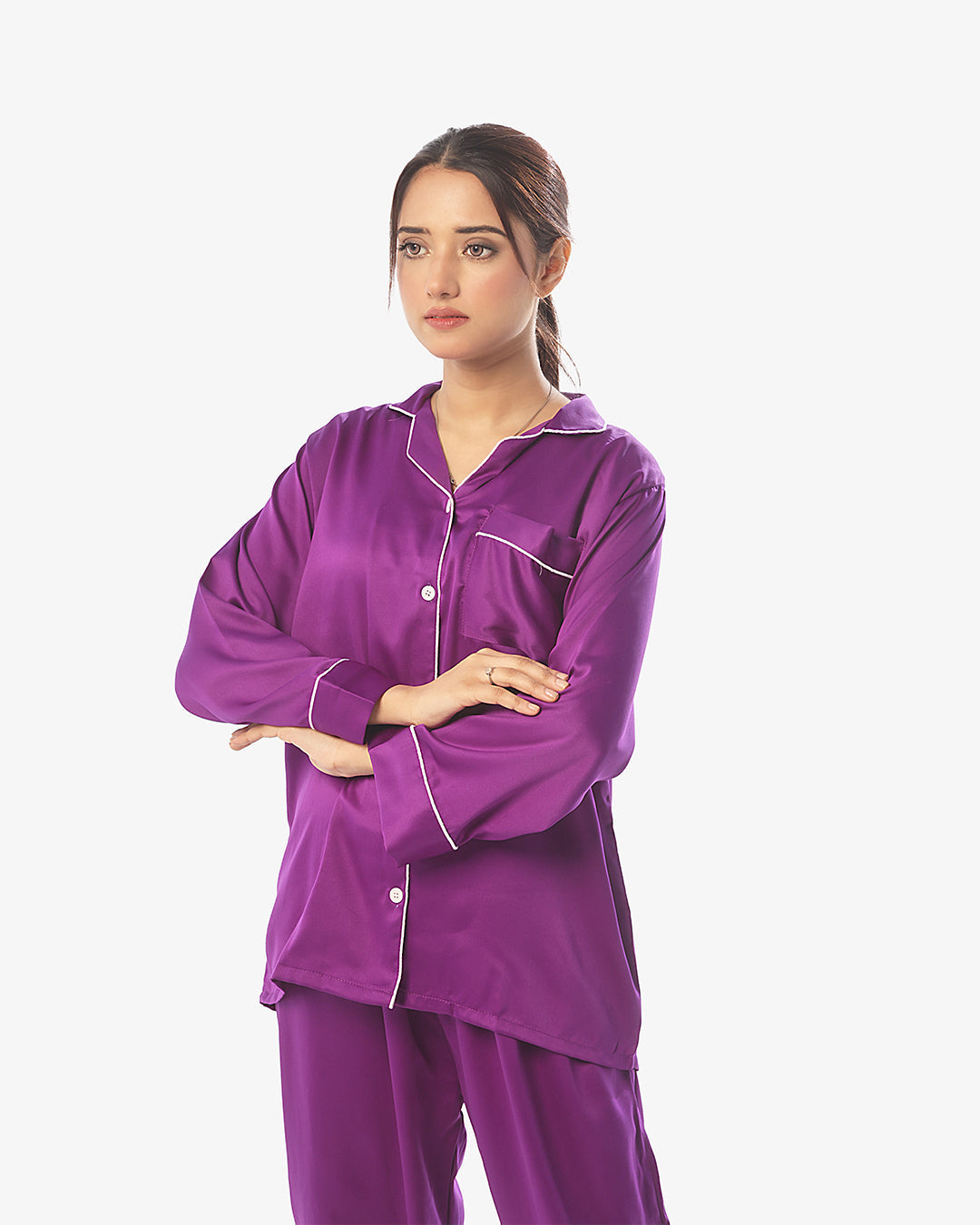 Plain With Contrast Piping Pajama Suit