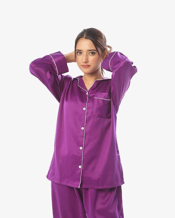 Plain With Contrast Piping Pajama Suit