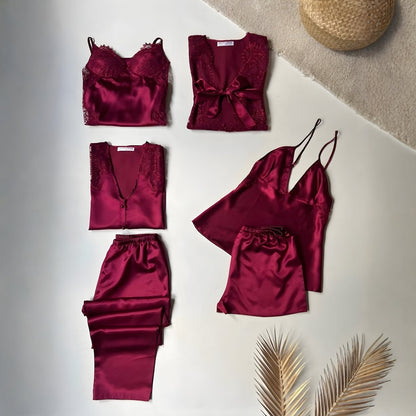 6 Piece Luxury Silk Nightwear Set Pink