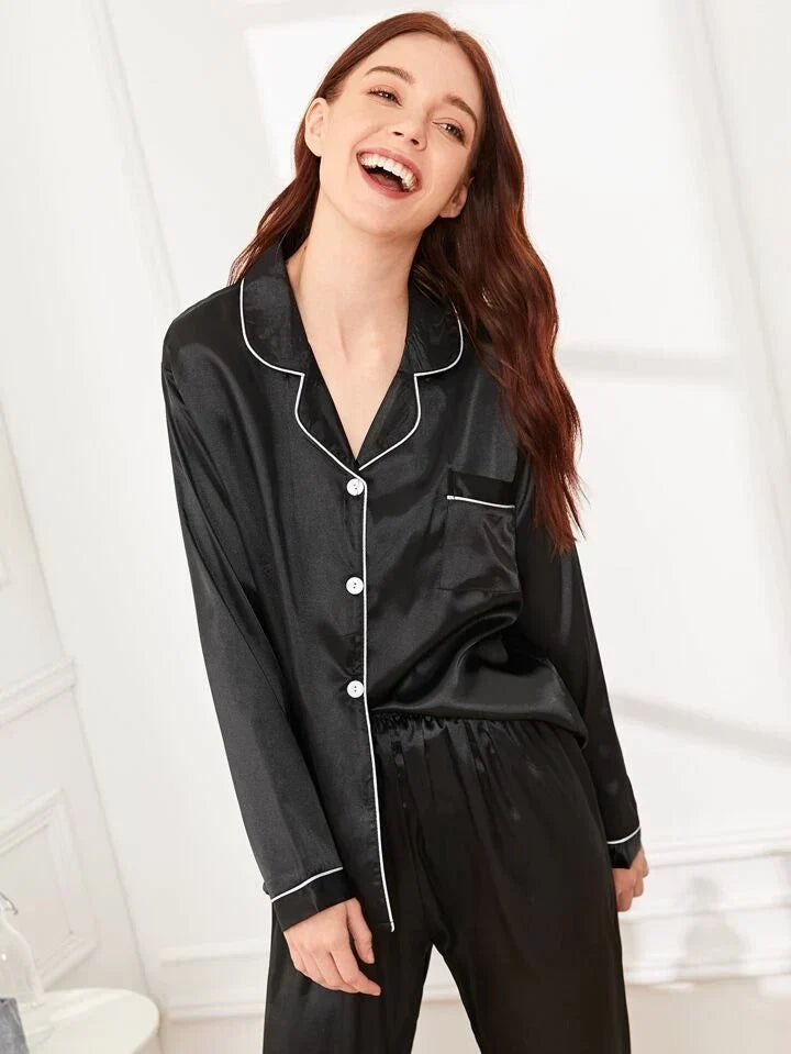 Mahroon 100% Pure Silk Pajama Set | Contrast Piping