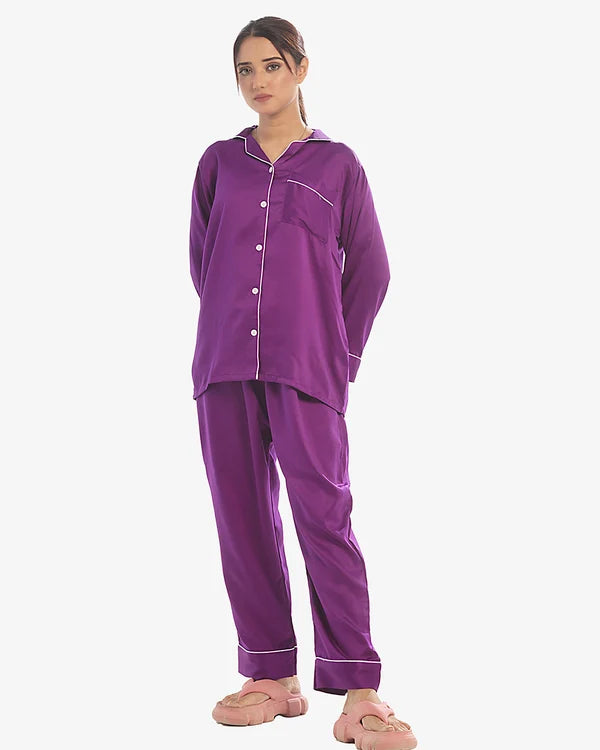 Plain With Contrast Piping Pajama Suit