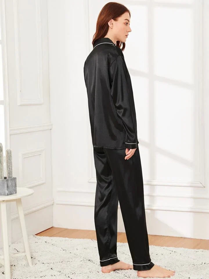 Black 100% Pure Silk Pajama Set | Contrast Piping