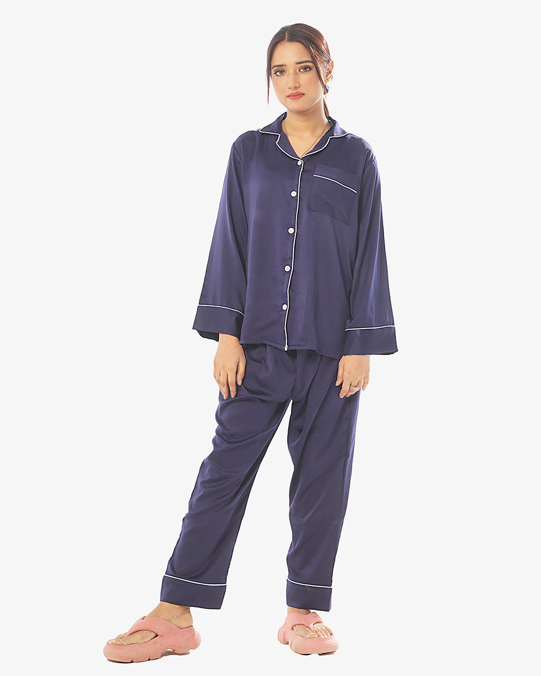 Plain With Contrast Piping Pajama Suit