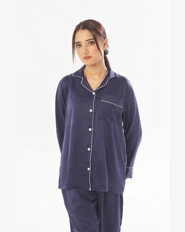 Plain With Contrast Piping Pajama Suit