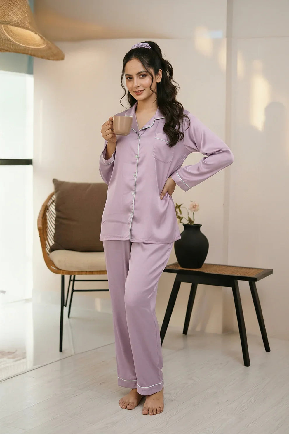 Plain With Contrast Piping Pajama Suit