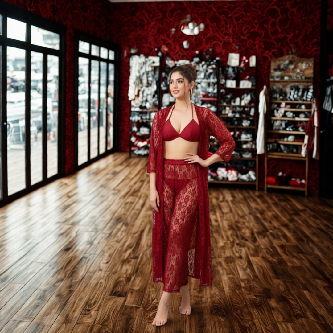 Premium 4-Piece Floral Net Nighty Set