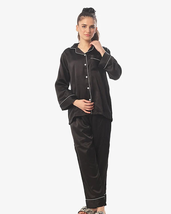 Plain With Contrast Piping Pajama Suit