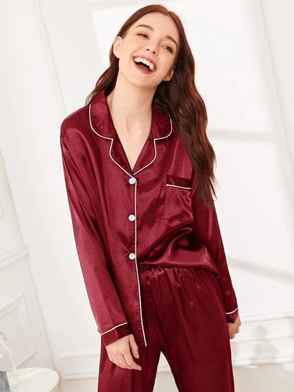 Midnight Blue 100% Pure Silk Pajama Set | Contrast Piping