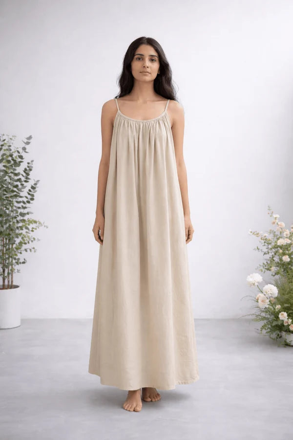 Gathered Linen Maxi Dress with Spaghetti Straps