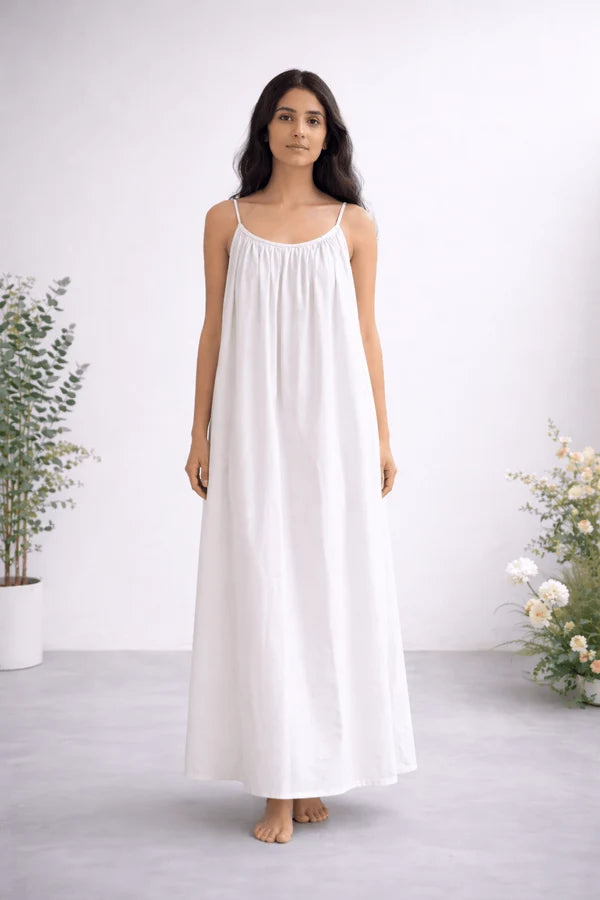 Gathered Linen Maxi Dress with Spaghetti Straps