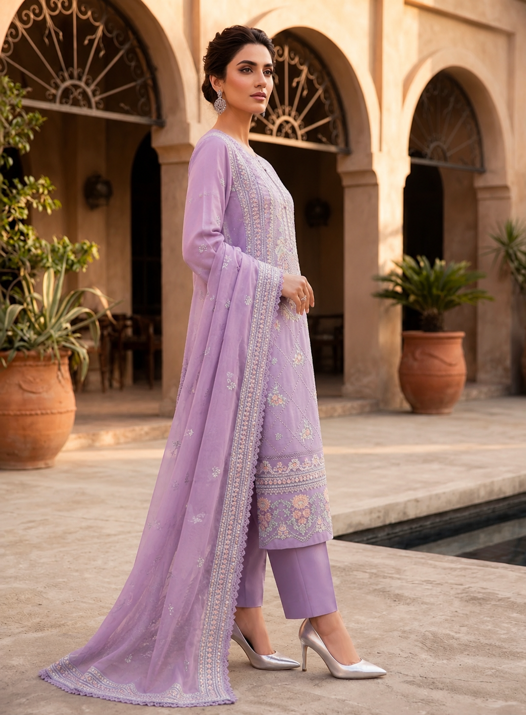 Lilac Embroidered 3-Piece Lawn Suit with Organza Dupatta