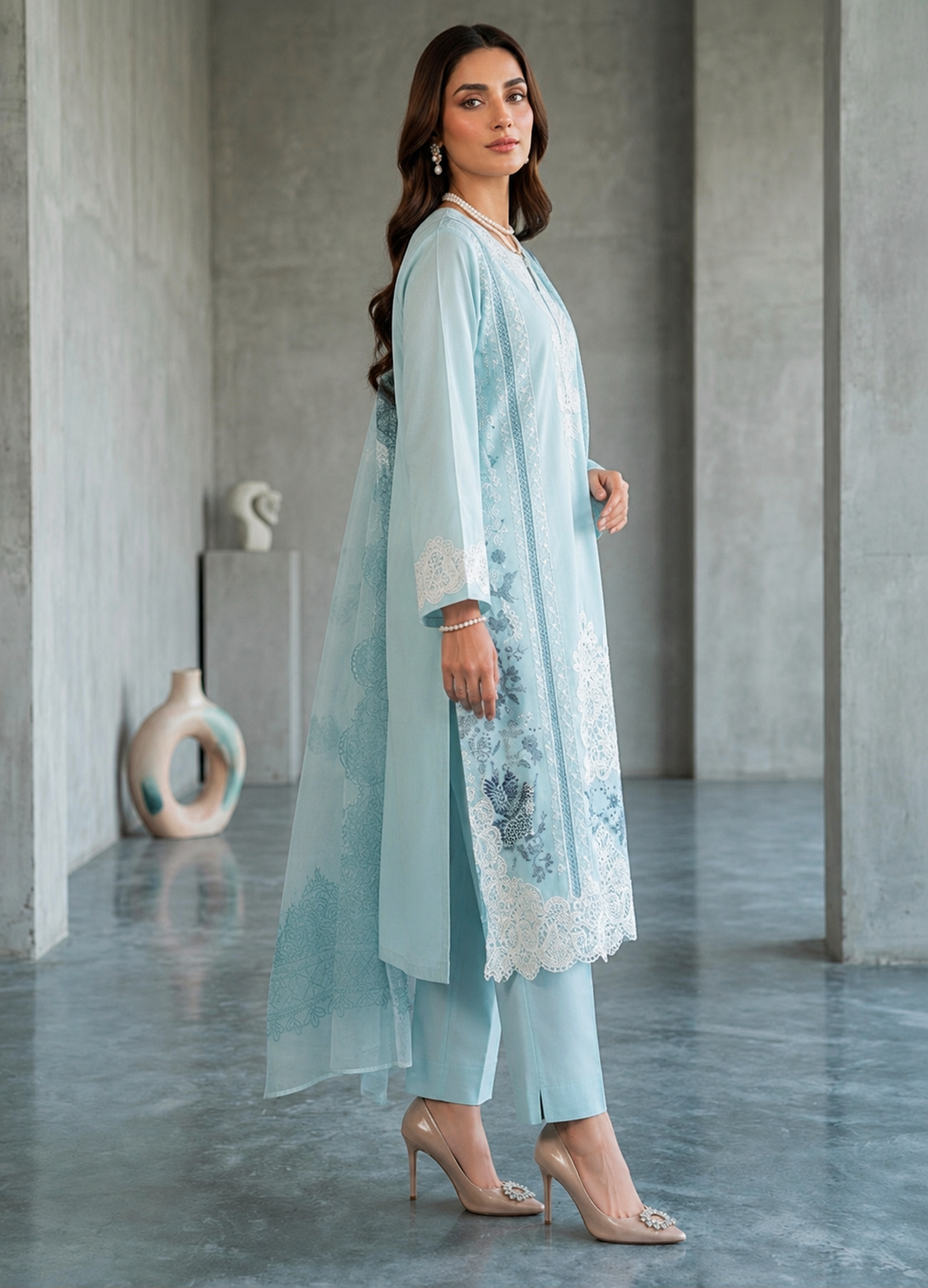 Sky Blue Embroidered Lawn 3-Piece Suit with Organza Dupatta