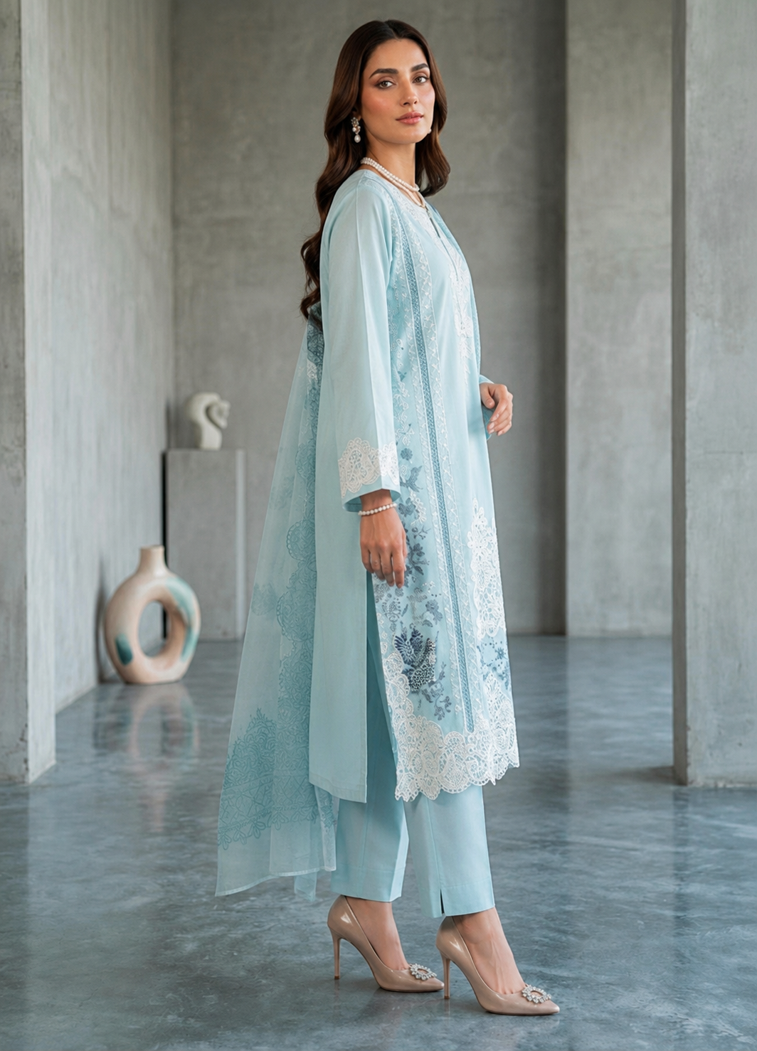 Sky Blue Embroidered Lawn 3-Piece Suit with Organza Dupatta