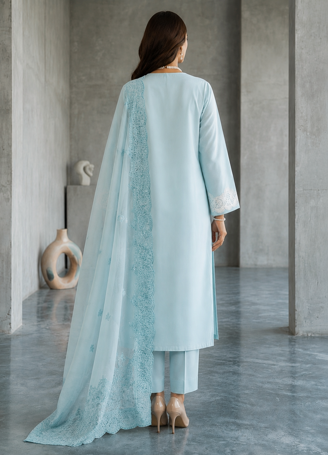 Sky Blue Embroidered Lawn 3-Piece Suit with Organza Dupatta