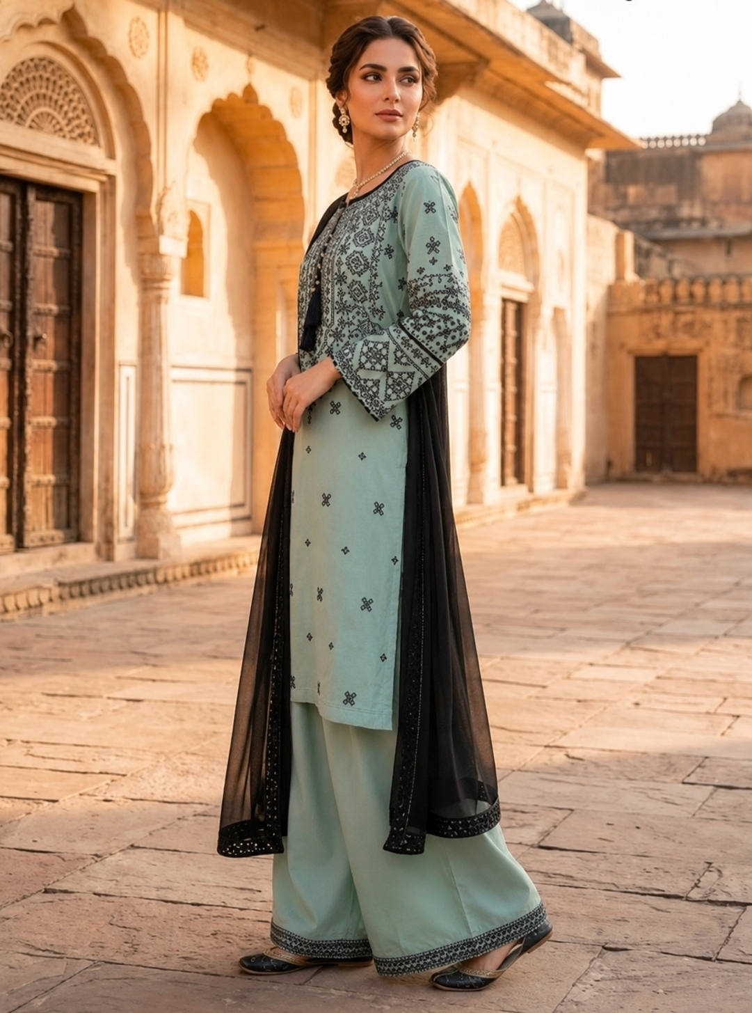 Sage Mist Embroidered Shirt Set with Palazzo