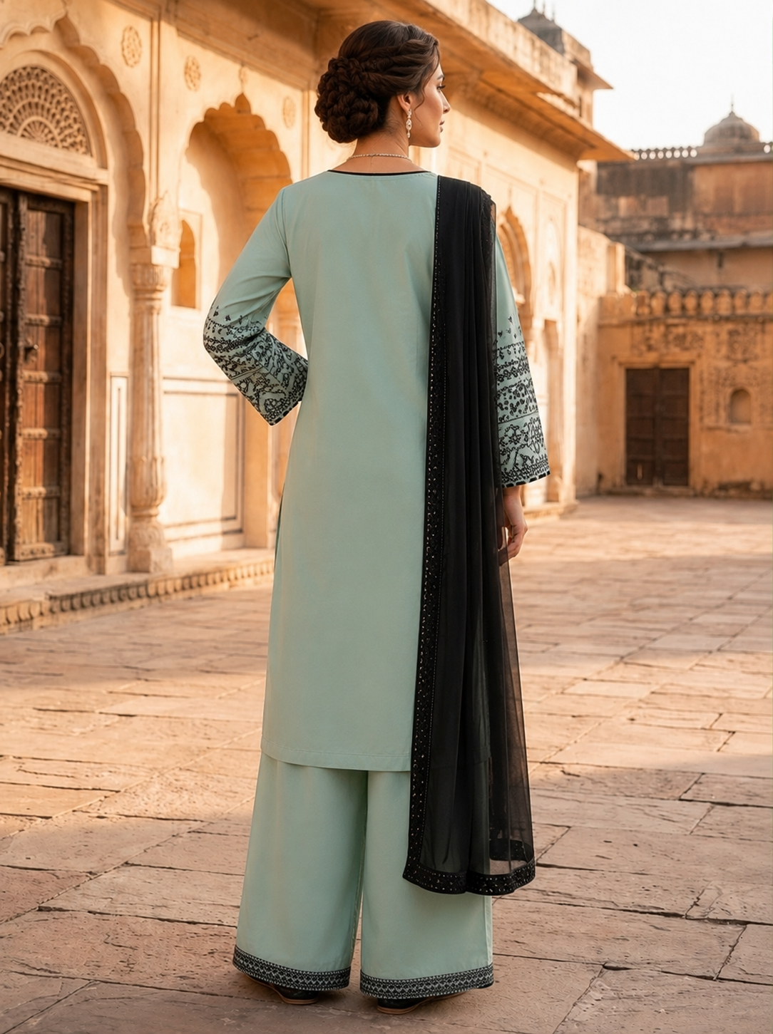 Sage Mist Embroidered Shirt Set with Palazzo