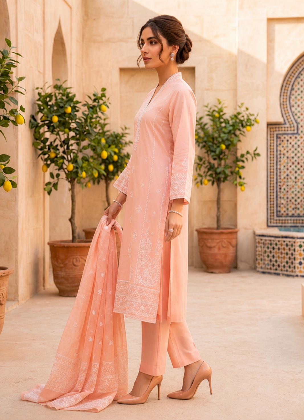 Peach Blossom Embroidered 3-Piece Lawn Suit