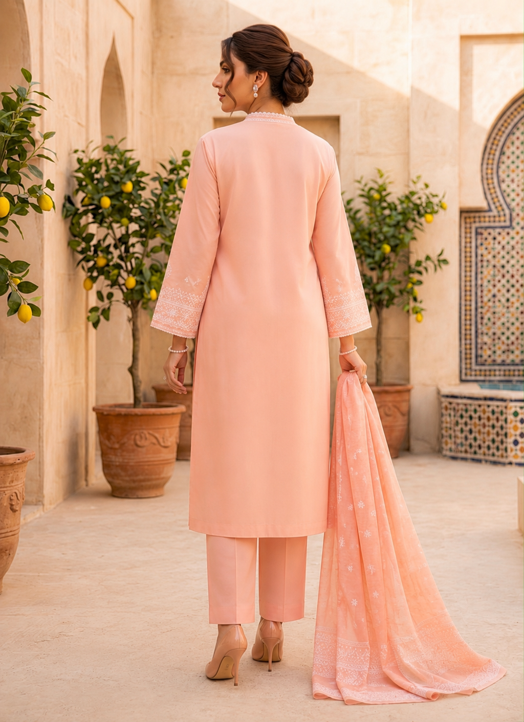 Peach Blossom Embroidered 3-Piece Lawn Suit