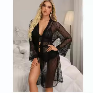 Sheer Lace Robe with Satin Belt
