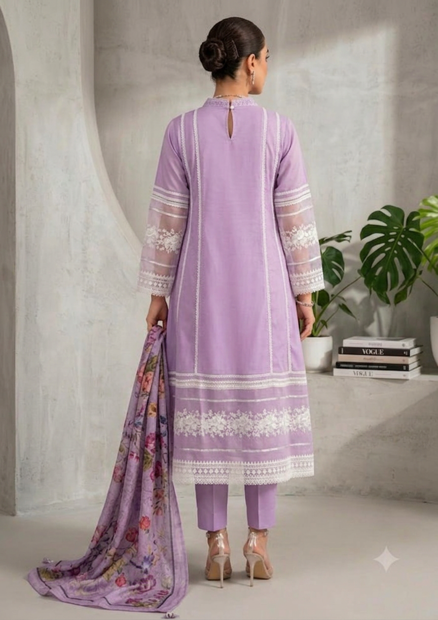 Elegant Lavender Embroidered Maxi Set with Printed Dupatta