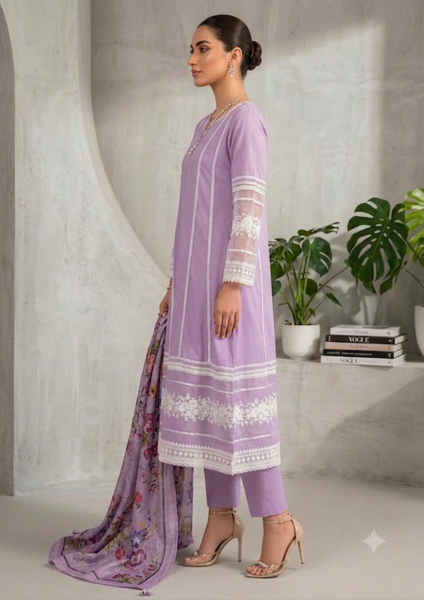 Elegant Lavender Embroidered Maxi Set with Printed Dupatta