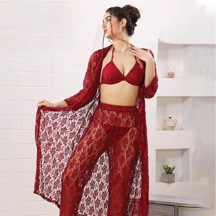 Premium 4-Piece Floral Net Nighty Set