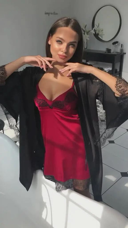 Wine Red 2-Piece Satin Lingerie & Loungewear Set with Black Lace