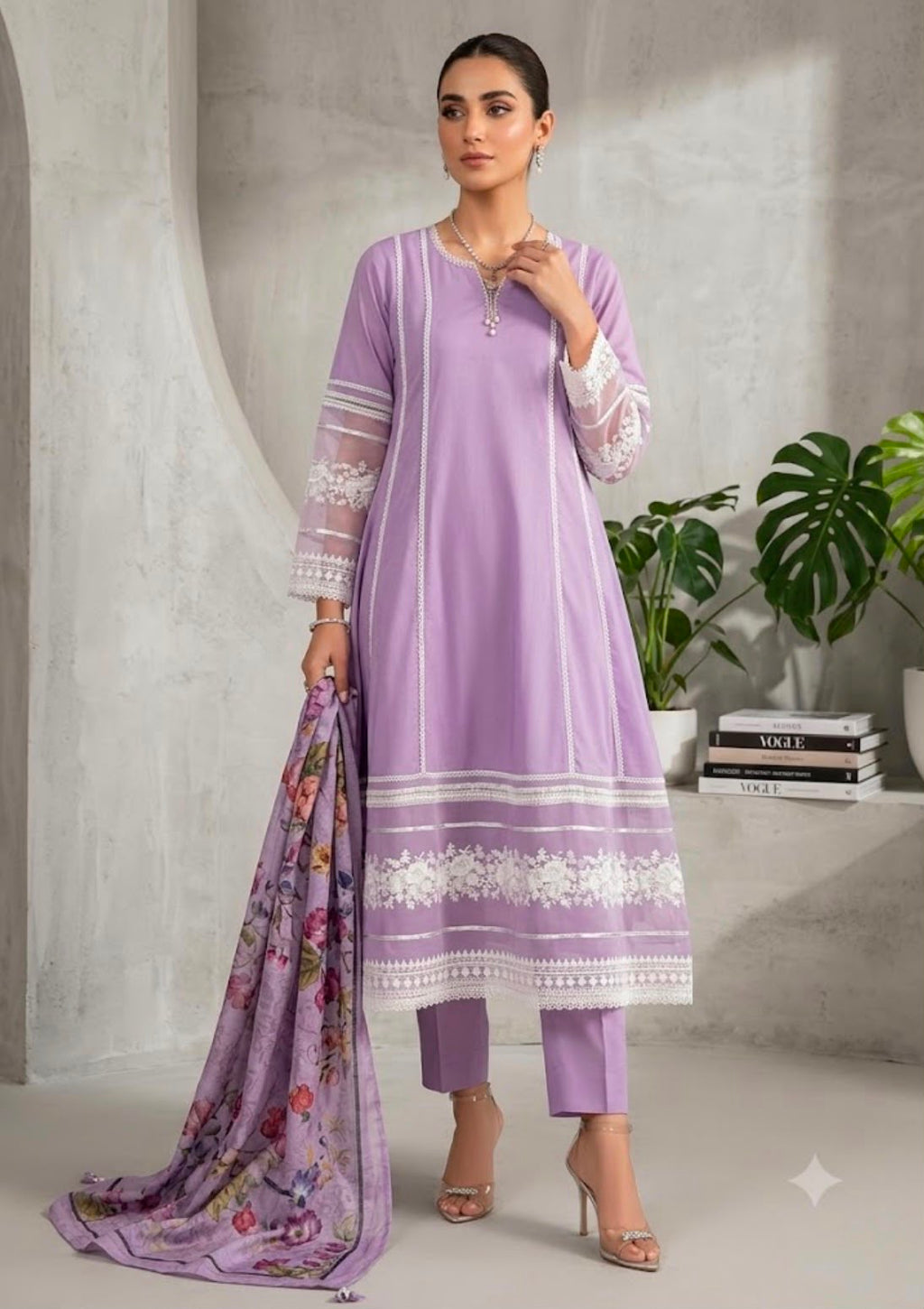 Elegant Lavender Embroidered Maxi Set with Printed Dupatta