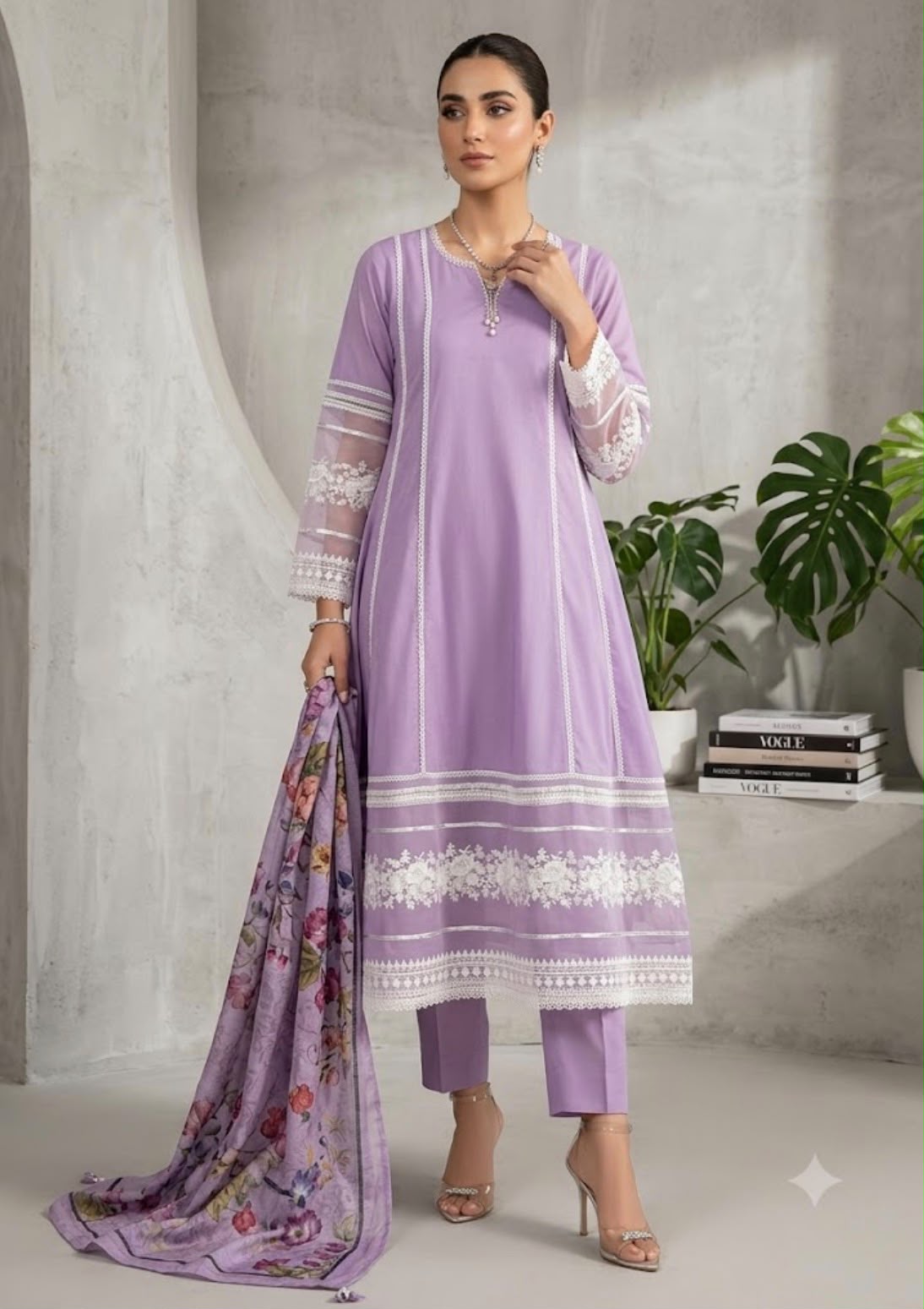 Elegant Lavender Embroidered Maxi Set with Printed Dupatta