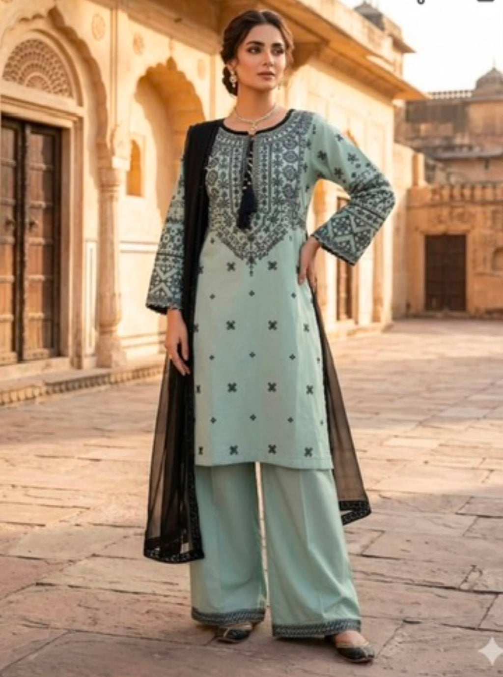 Sage Mist Embroidered Shirt Set with Palazzo