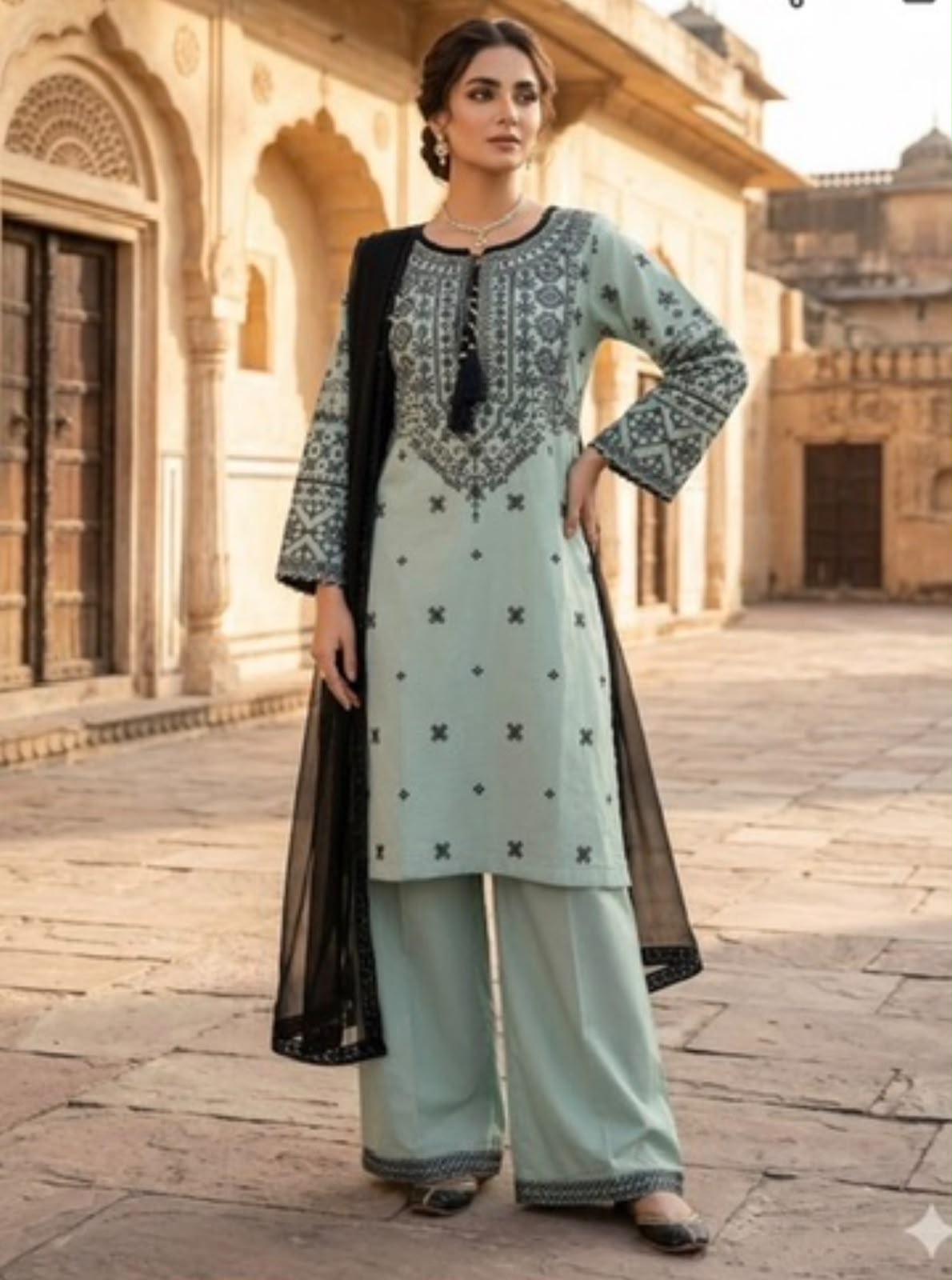 Sage Mist Embroidered Shirt Set with Palazzo
