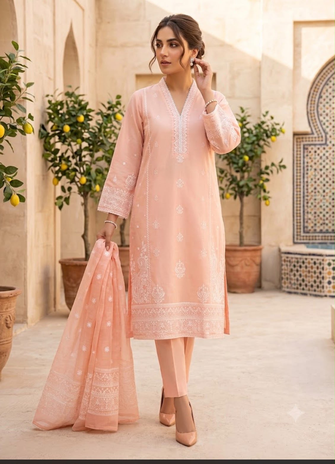 Peach Blossom Embroidered 3-Piece Lawn Suit