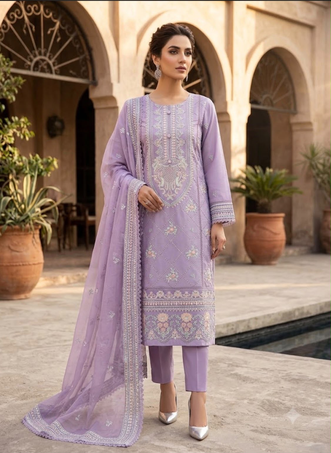 Lilac Embroidered 3-Piece Lawn Suit with Organza Dupatta