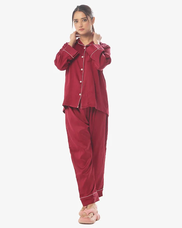 Plain With Contrast Piping Pajama Suit