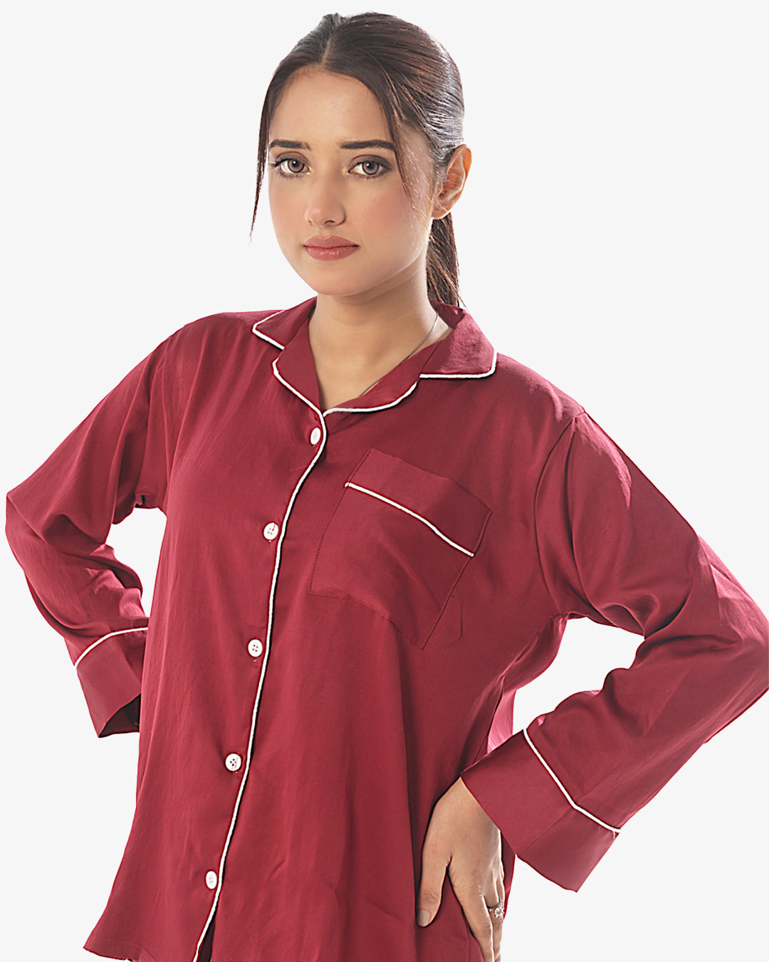 Plain With Contrast Piping Pajama Suit